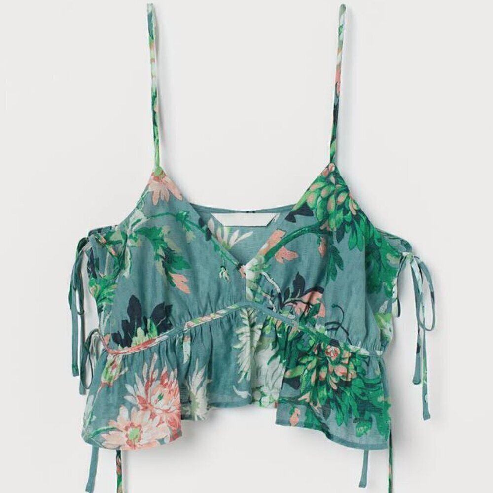 4 for $20 SALE! H&M V Neck Flounced Tie Sides Cropped Cami, Turquoise Floral, M